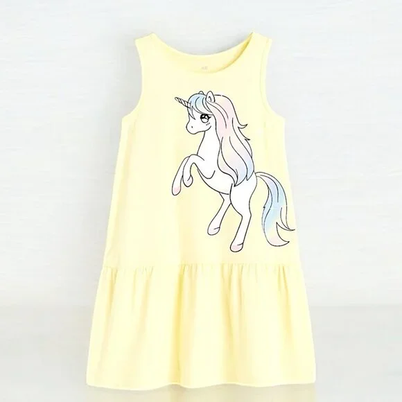 H&M Big Yellow Unicorn Sleeveless dress 100% Cotton Sting free size 2T NWT - Picture 3 of 6